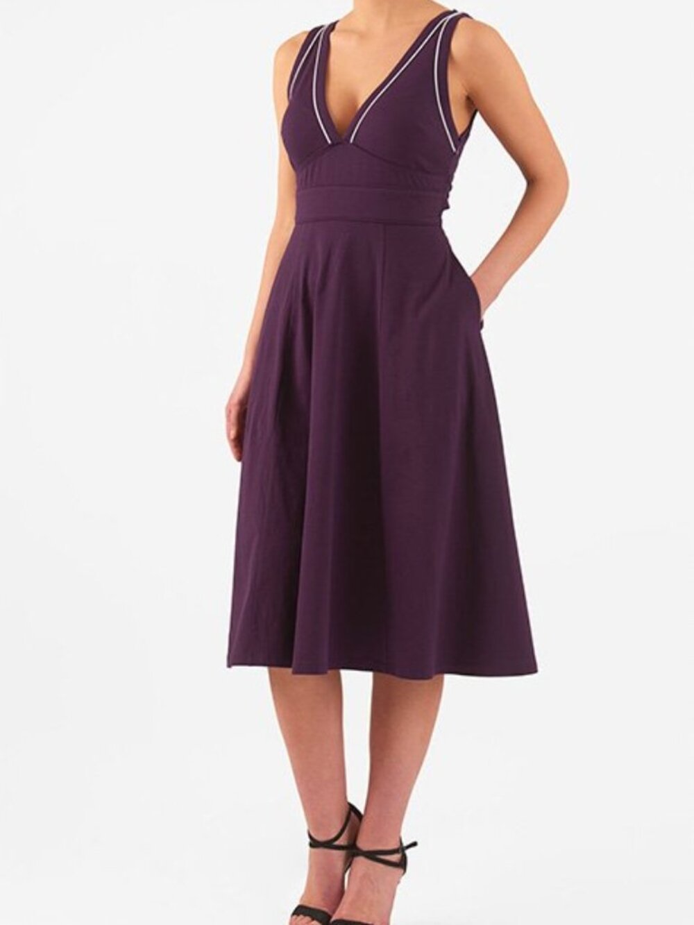 eShakti Plum Contrast Piped Cotton Knit Dress | Deep‑V Front & Back | XL/18